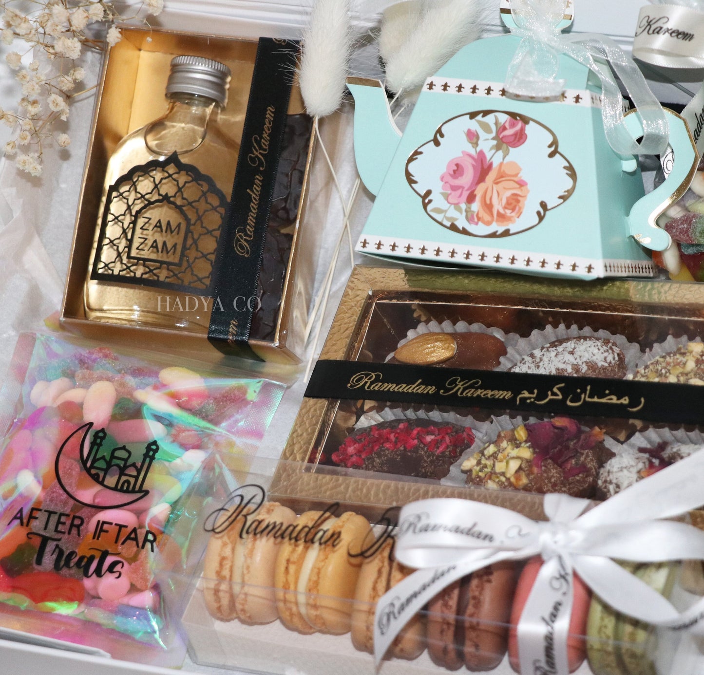 Ramadan Deluxe Hamper for Iftaar with Halal Sweets, Macaroons, Zam Zam Water, Chocolate Dates, After Iftar Treats | by Hadya Co