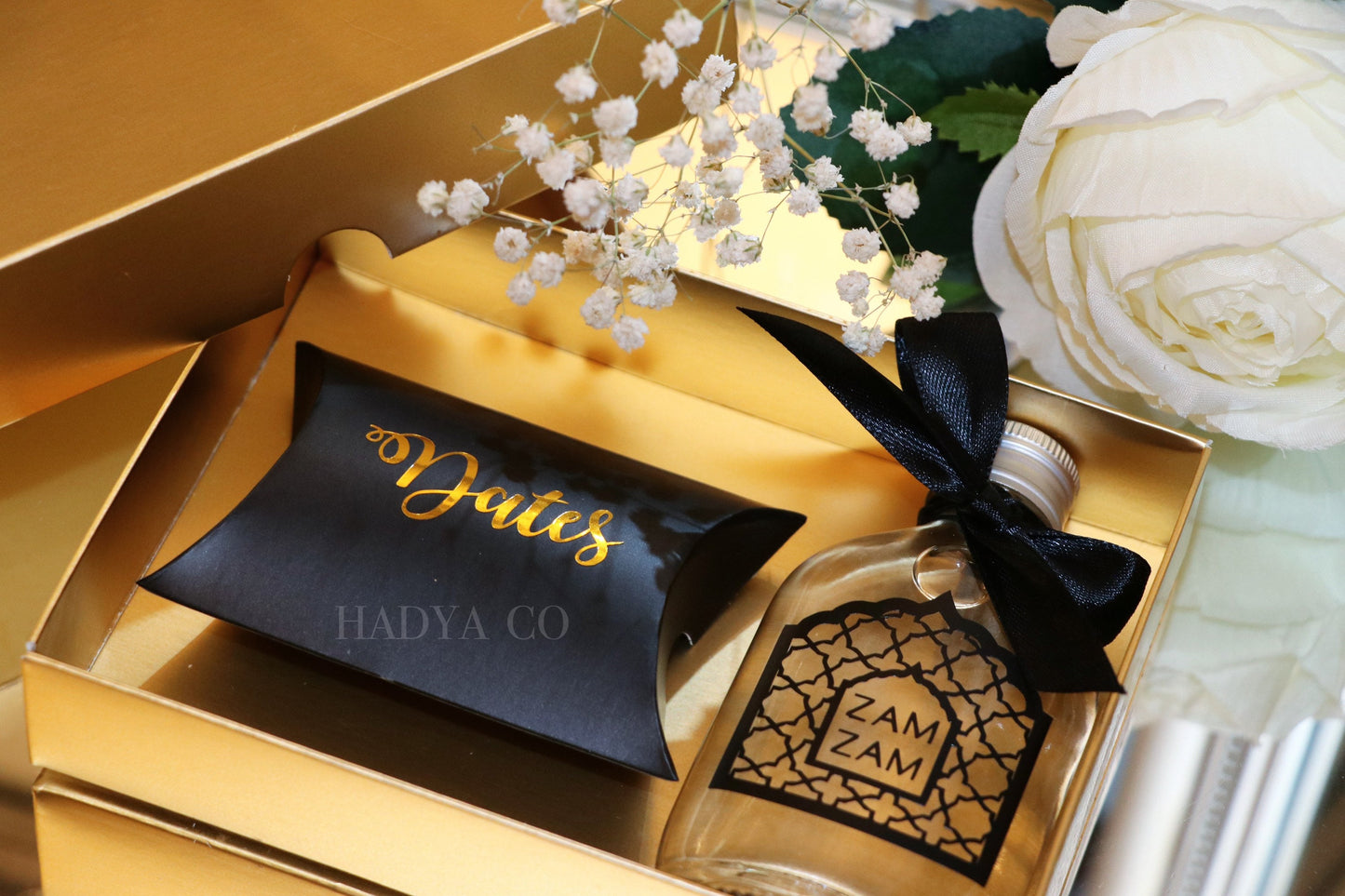 Deluxe Zam Zam Water, Dates and Ferrero Rocher Gift Set - Aqiqah/Nikkah/ Wedding/ Birthday/ Groom/ Bride/ Wedding Invitation/ Islamic Gift