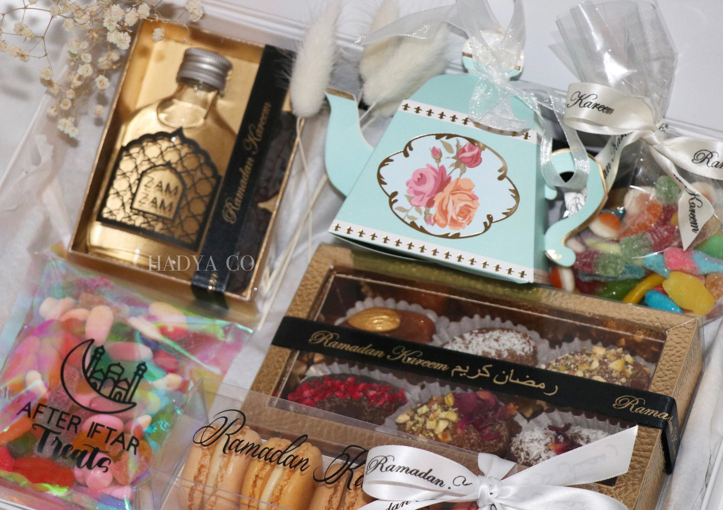 Ramadan Deluxe Hamper for Iftaar with Halal Sweets, Macaroons, Zam Zam Water, Chocolate Dates, After Iftar Treats | by Hadya Co