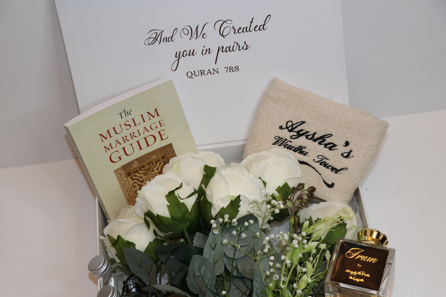 Nikkah Hamper - Wedding Hamper with Islamic Items, Halal Sweets, Macaroons, Zam Zam Water, Wudhu Towel | by Hadya Co