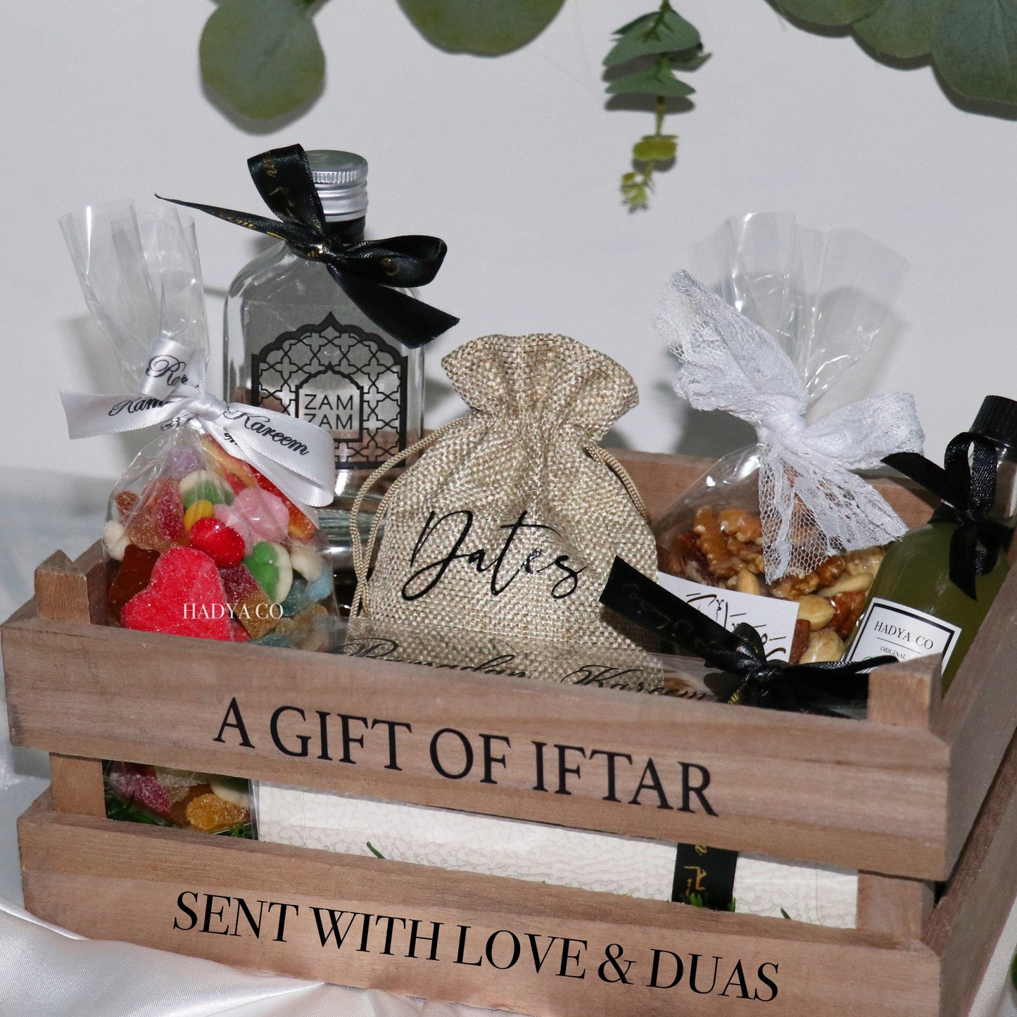 Ramadan βA Gift Of Iftarβ Hamper Crate - Zam Zam Water, Medjool Dates, Dried Nuts, Halal Sweets & Mocktails by Hadya Co