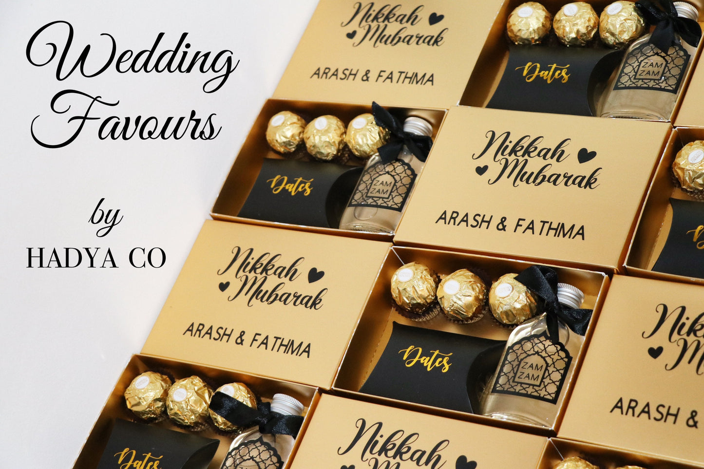 Deluxe Zam Zam Water, Dates and Ferrero Rocher Gift Set - Nikkah/ Wedding/ Birthday Gift - Also for Aqiqah/ Groom/ Bride/ Wedding Invitation