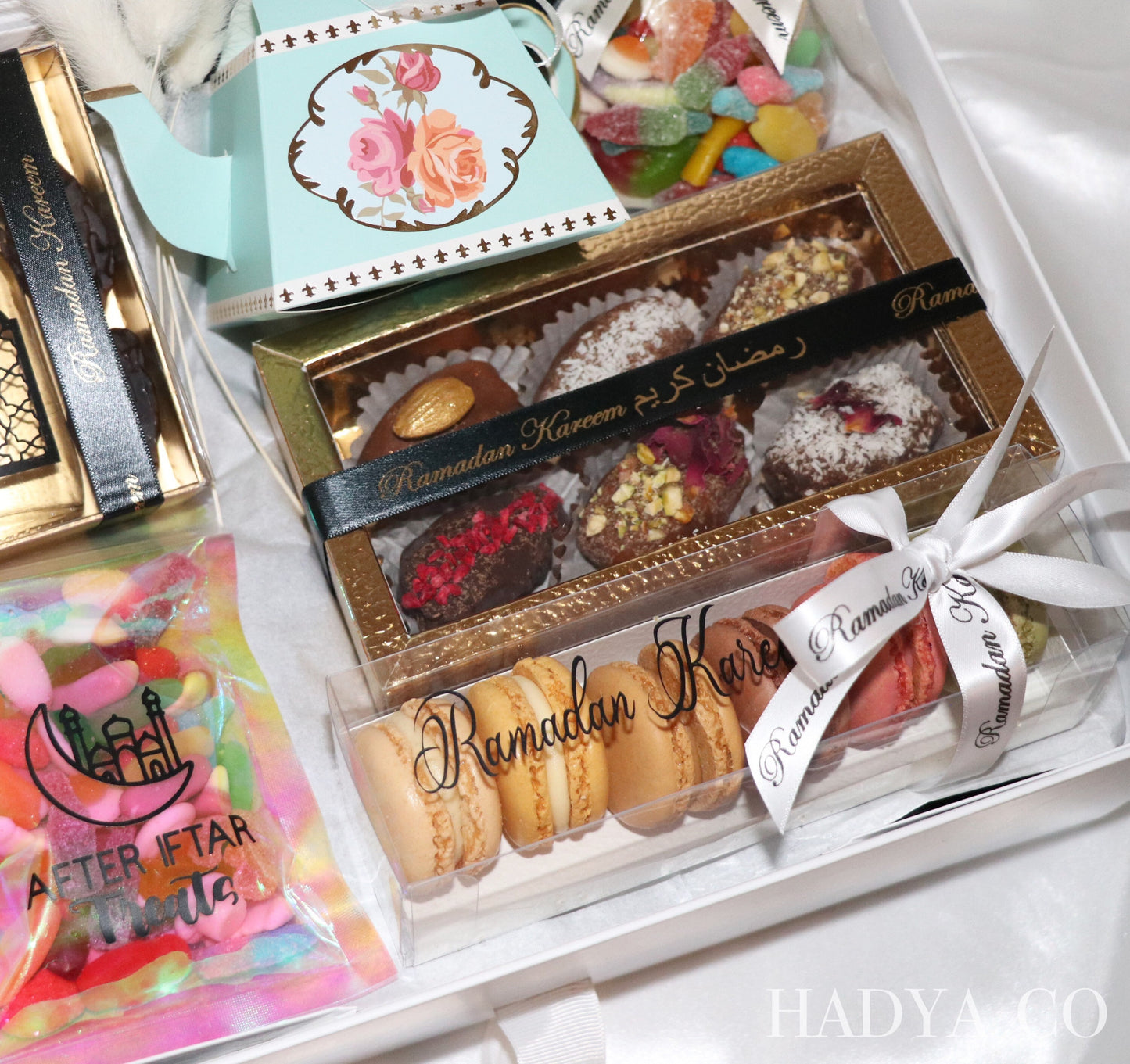Ramadan Deluxe Hamper for Iftaar with Halal Sweets, Macaroons, Zam Zam Water, Chocolate Dates, After Iftar Treats | by Hadya Co
