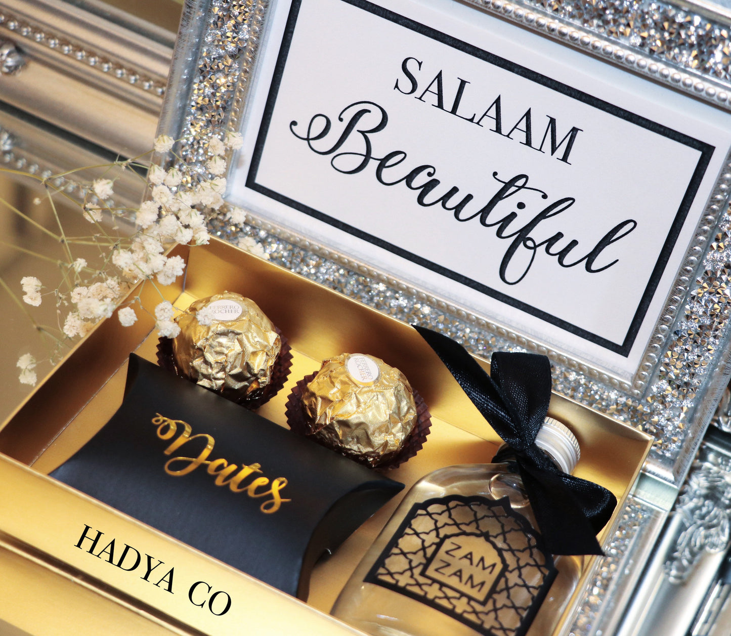 Deluxe Zam Zam Water, Dates and Ferrero Rocher Gift Set - Aqiqah/Nikkah/ Wedding/ Birthday/ Groom/ Bride/ Wedding Invitation/ Islamic Gift