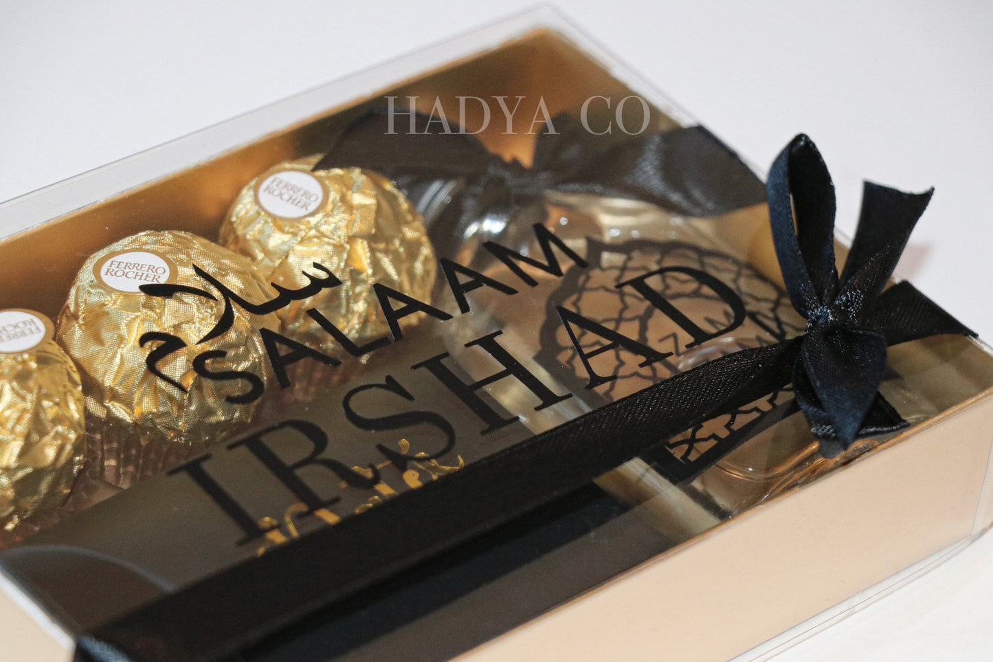 Deluxe Zam Zam Water, Dates and Ferrero Rocher Gift Set - Nikkah/ Wedding/ Birthday Gift - Also for Aqiqah/ Groom/ Bride/ Wedding Invitation