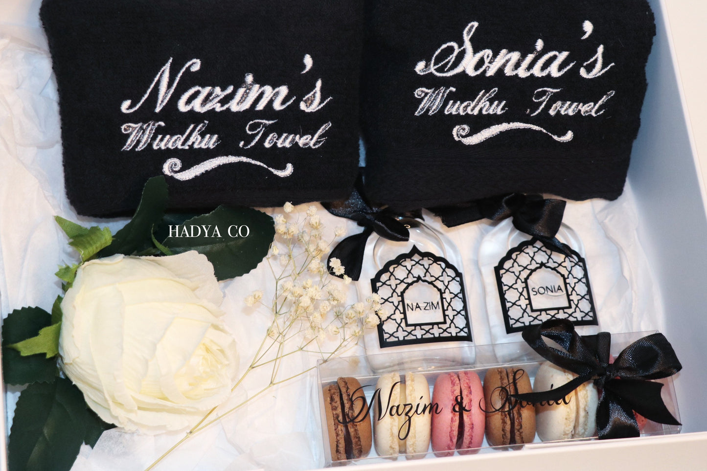 Nikkah Hamper - Wedding Hamper with Islamic Items, Halal Sweets, Macaroons, Zam Zam Water, Wudhu Towel | by Hadya Co