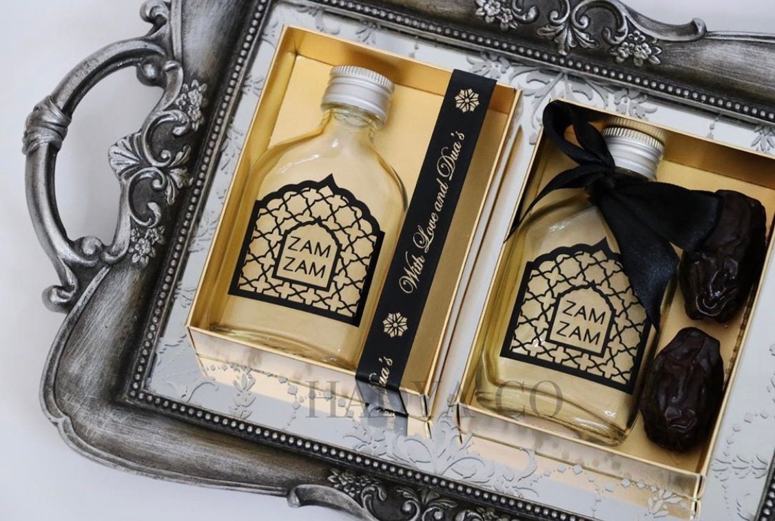 Zam Zam Water & Dates Gift Set - Perfect for Weddings, Nikkah, Aqiqah, Jalsa, Umrah, Hajj, Ramadan or Eid (Islamic Gifts) | by Hadya Co