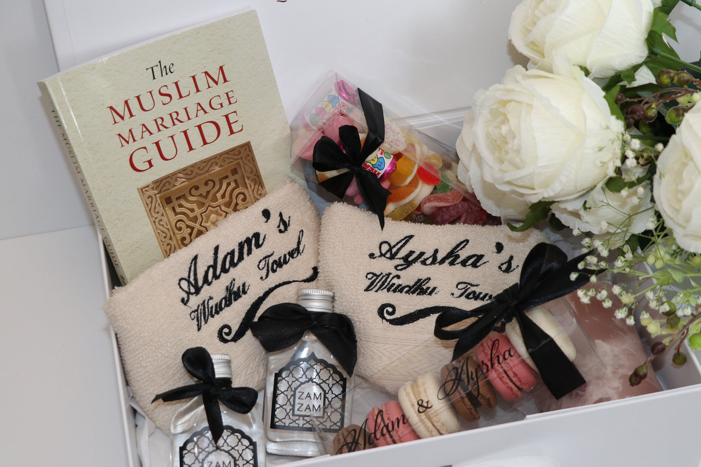 Nikkah Hamper - Wedding Hamper with Islamic Items, Halal Sweets, Macaroons, Zam Zam Water, Wudhu Towel | by Hadya Co